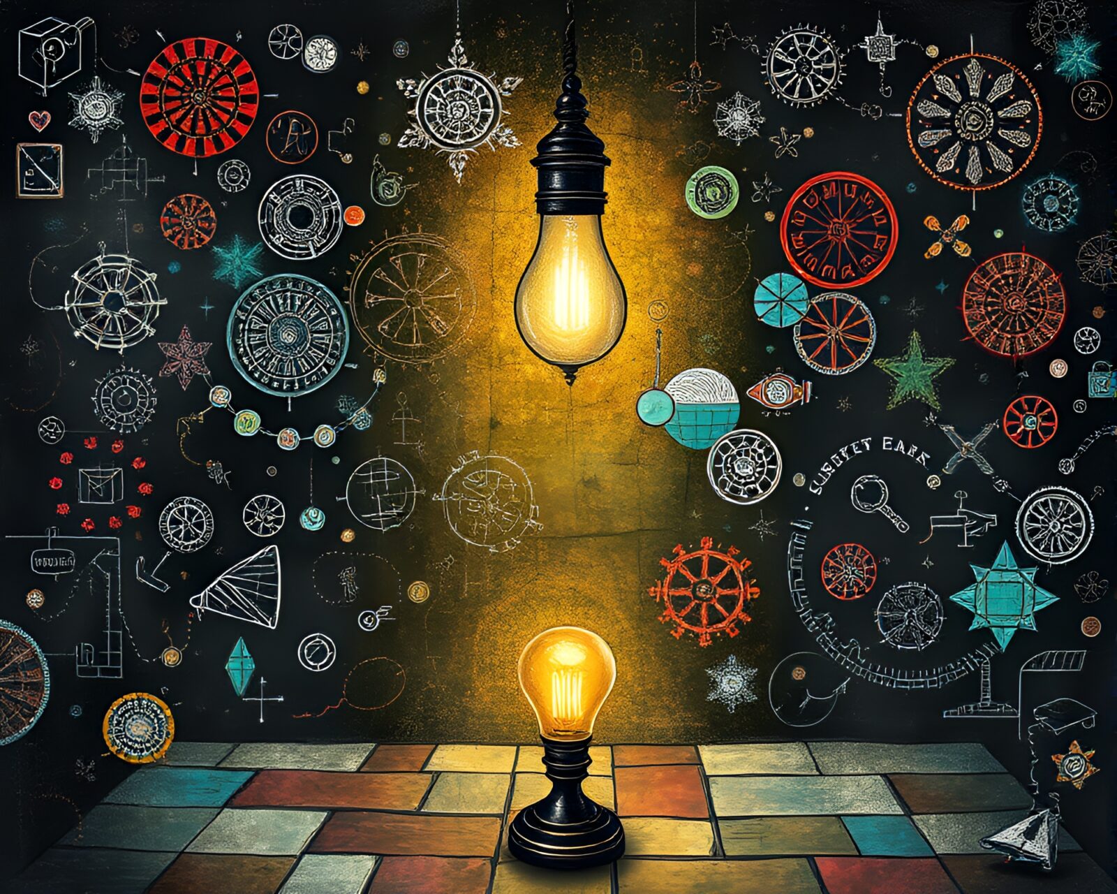 Steampunk illustration of Murano glass with mosaic lighting and chalk scrawls