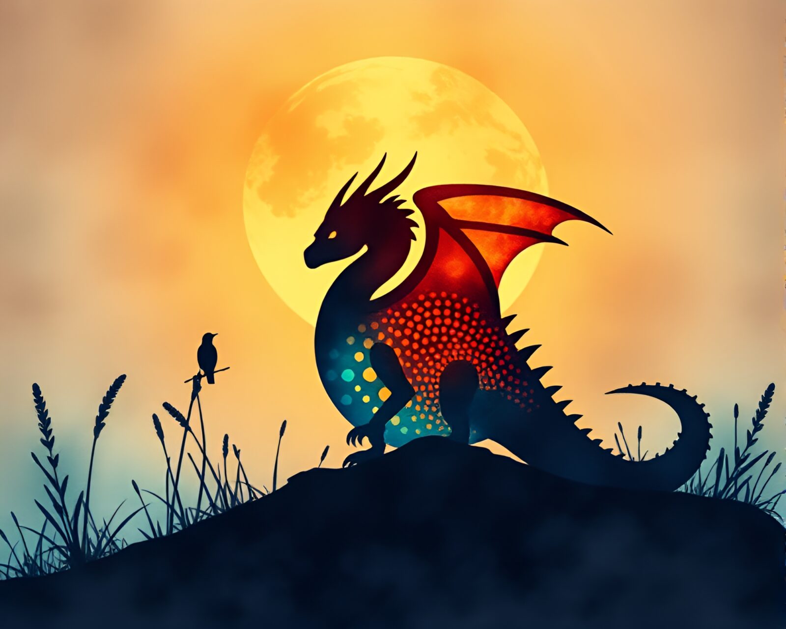 Backlit dragon egg framed by dot matrix in watercolor