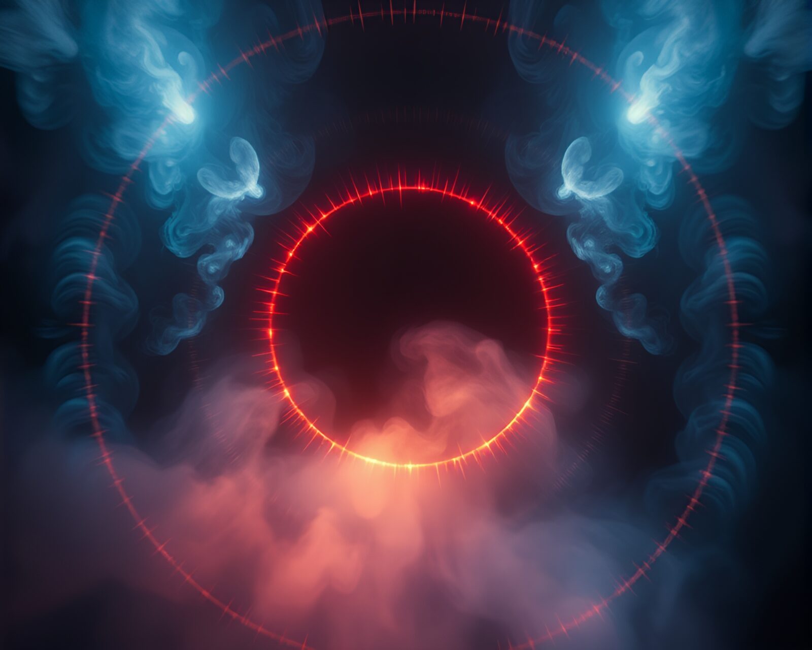 Algorithmic art of smoke rings on cliff with burst light