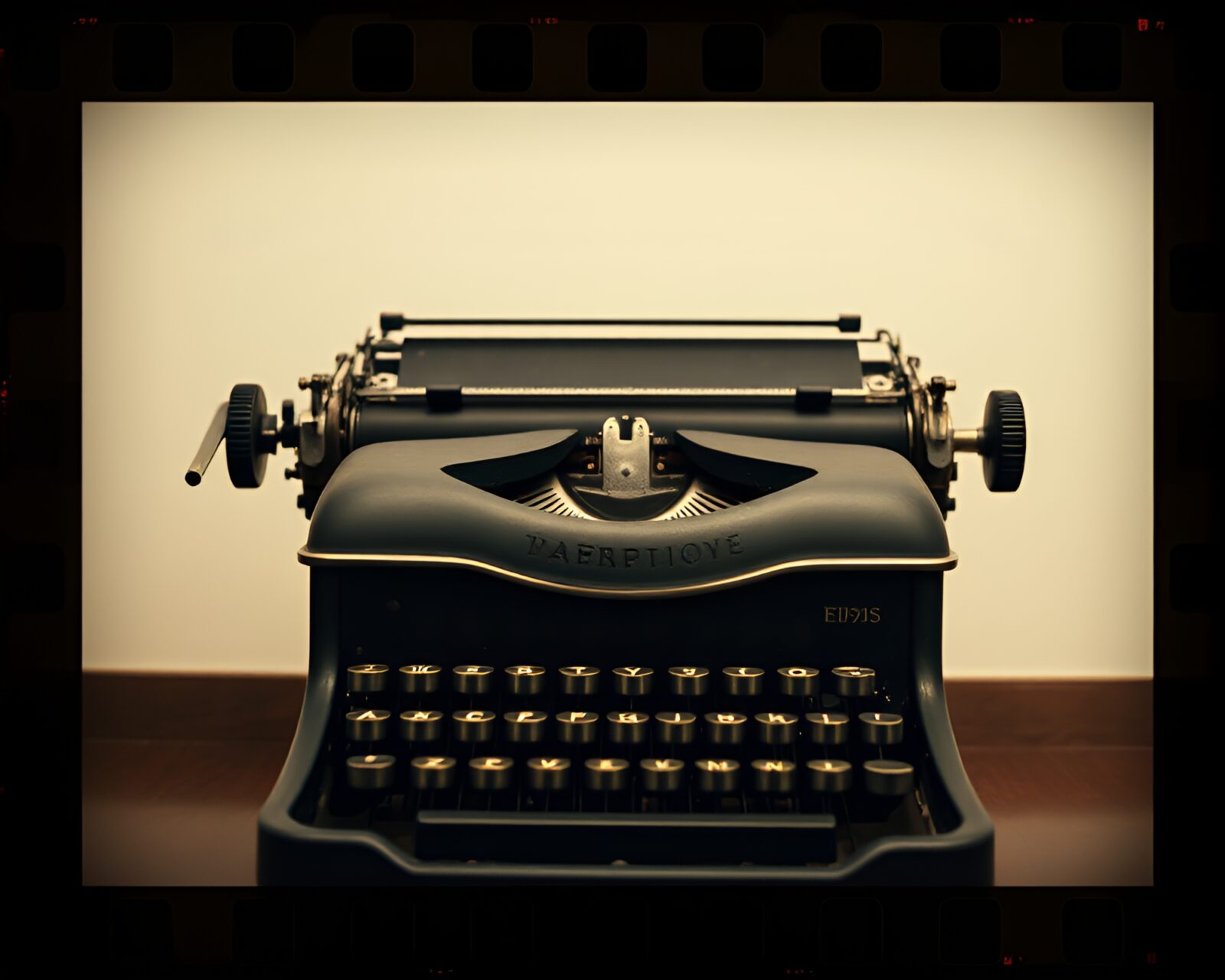 Wide-angle view of antique typewriter in nostalgic retro tones