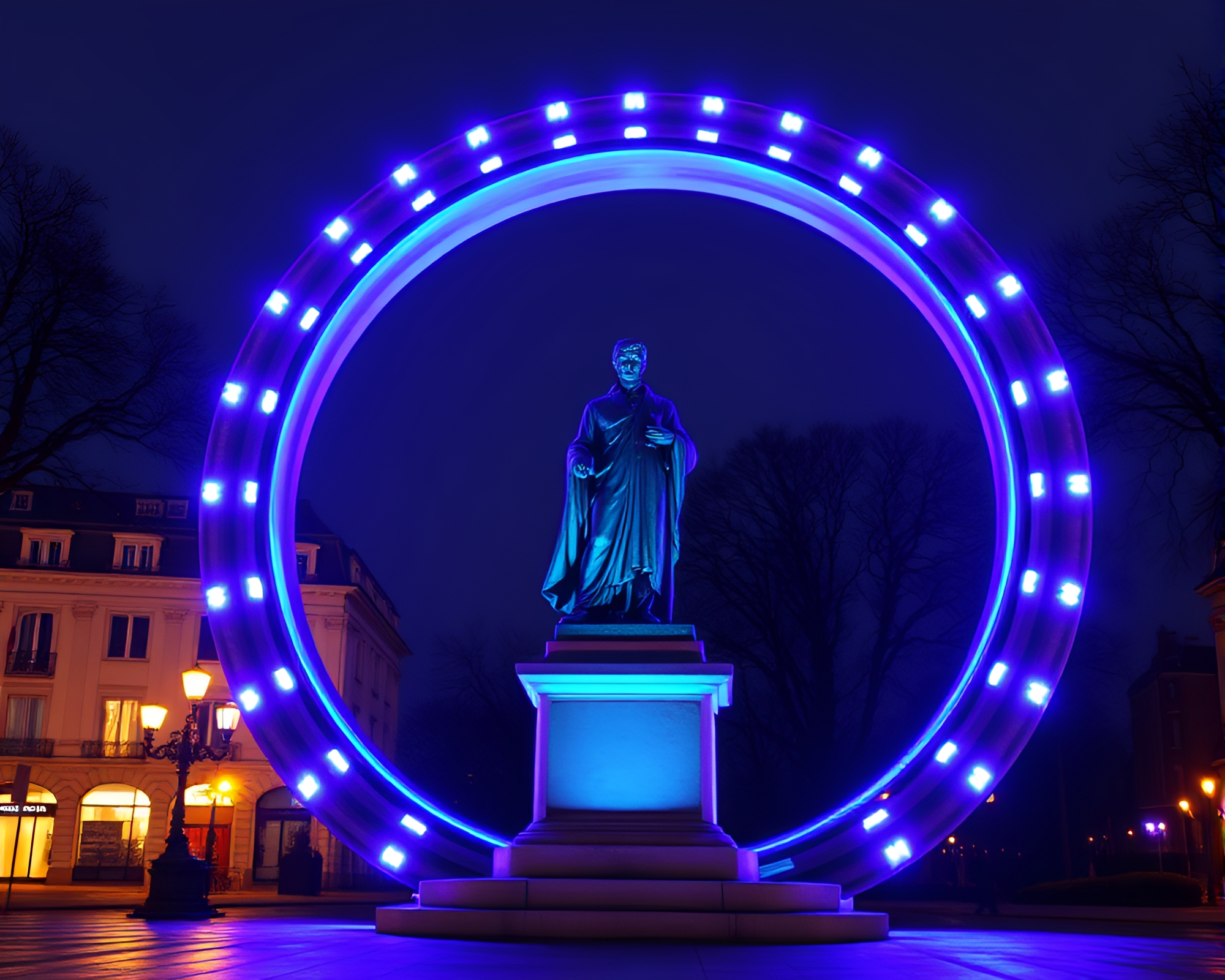 Glowing Statue in Enigmatic Trompe-l’oeil Circular Frame – free AI stock image