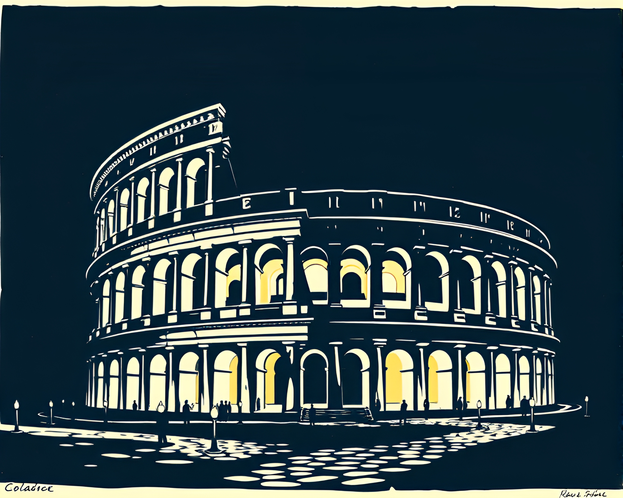 Minimalist Linocut Coliseum at Candlelit Dusk – free AI stock image