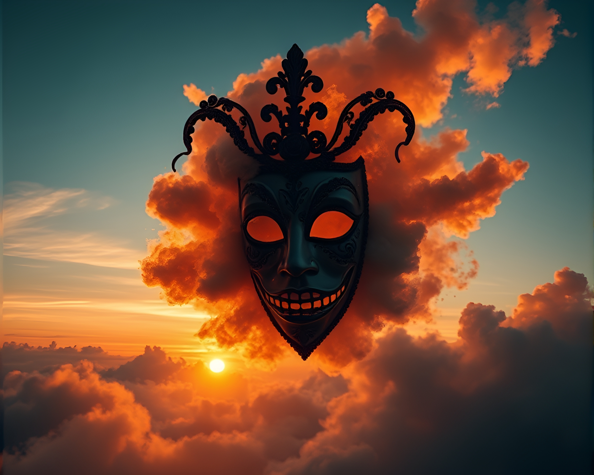 Venetian Mask Amidst Explosion Clouds at Dusk – free AI stock image