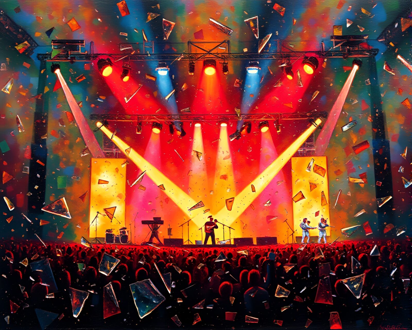 Colorful glass shards surround glowing apple cider on stage