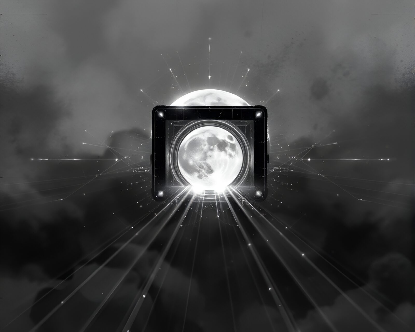 Futuristic device on moon in grayscale digital art