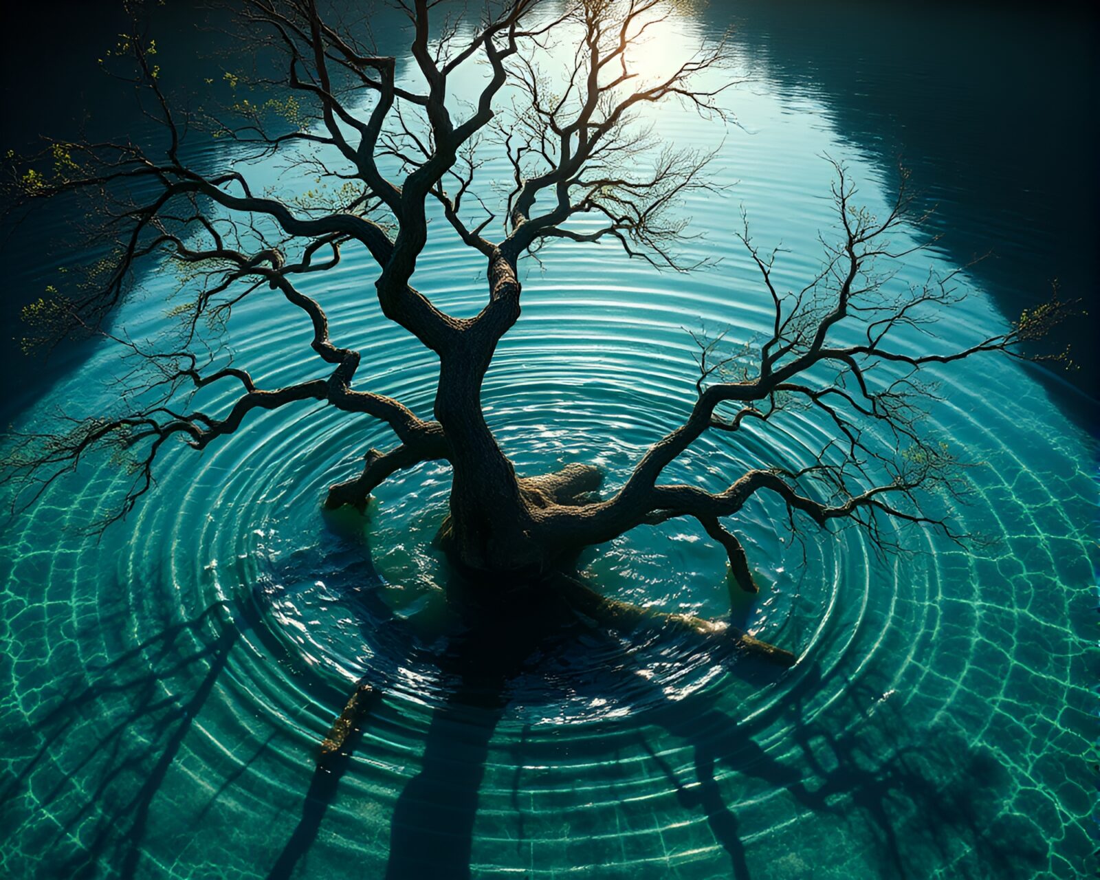 Water whirlpool surrounding ancient tree with harsh shadows