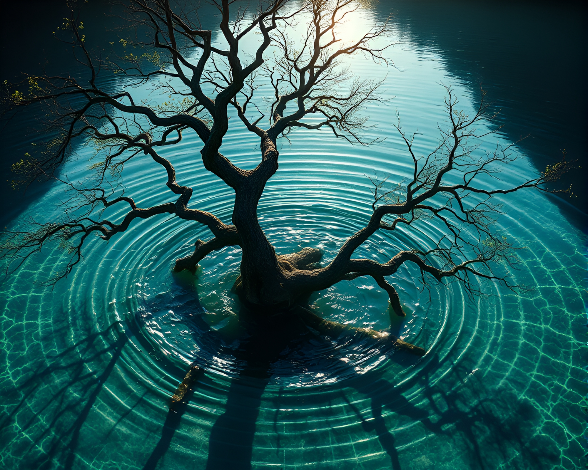 Enigmatic Water Whirlpool Engulfs Ancient Tree Shadowed – free AI stock image