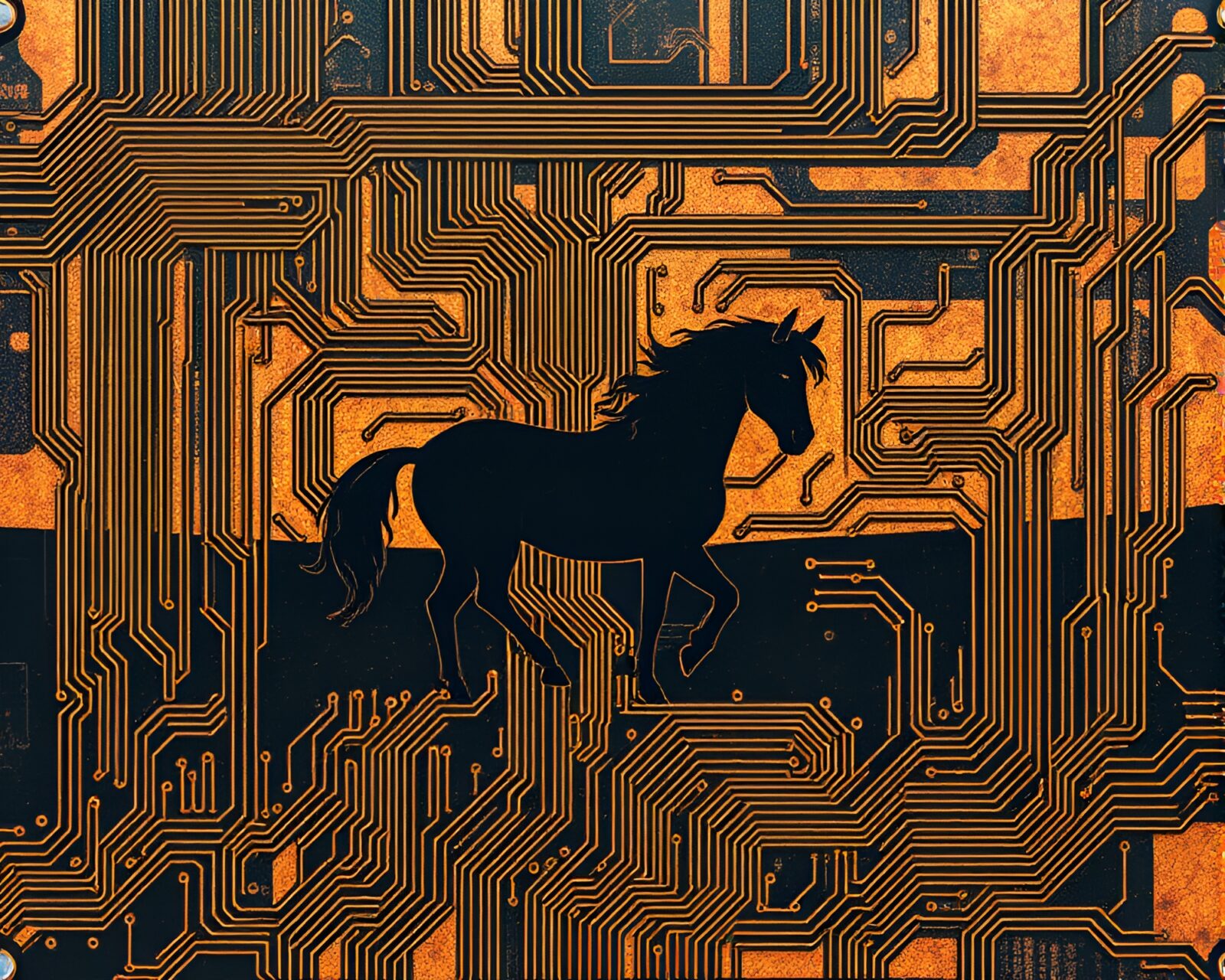 Wild stallion silhouette among circuit board traces in mist