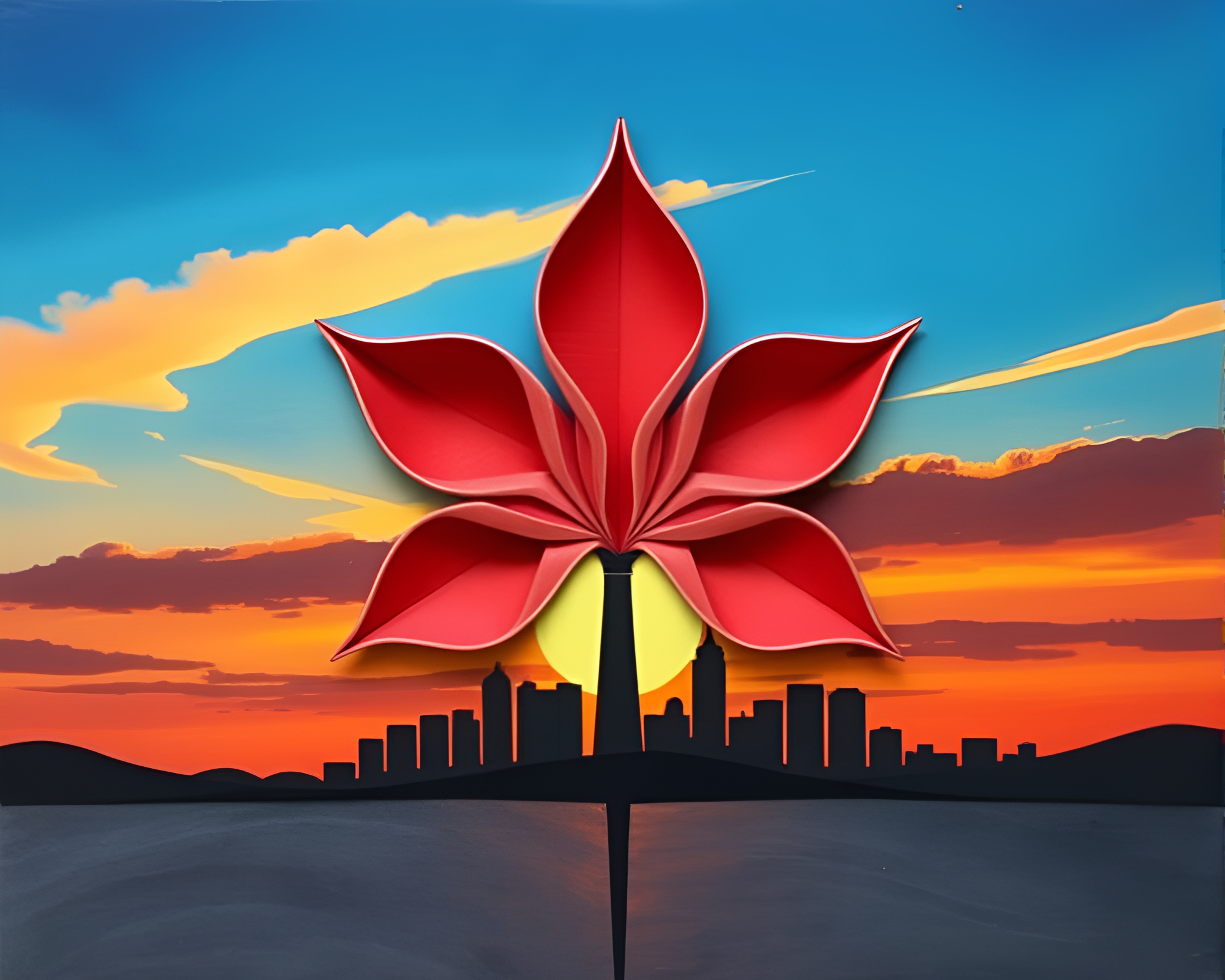Sunset Origami Flower with Sgraffito Skyline – free AI stock image