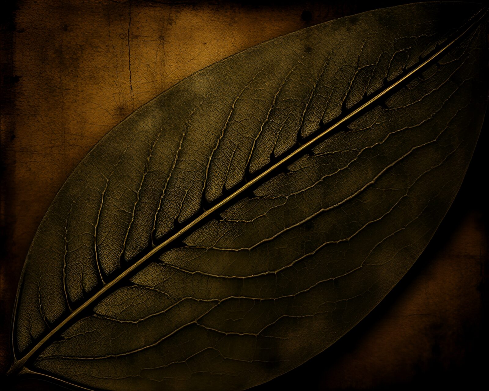 Intricate collage of leaf veins on ancient scroll in noir lighting