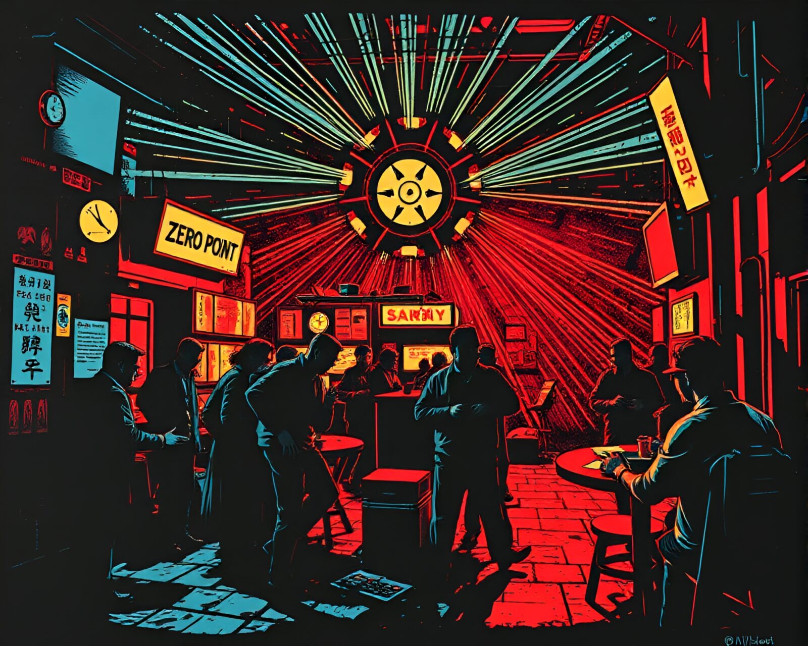 Dynamic linocut print of futuristic energy reactor among graffiti