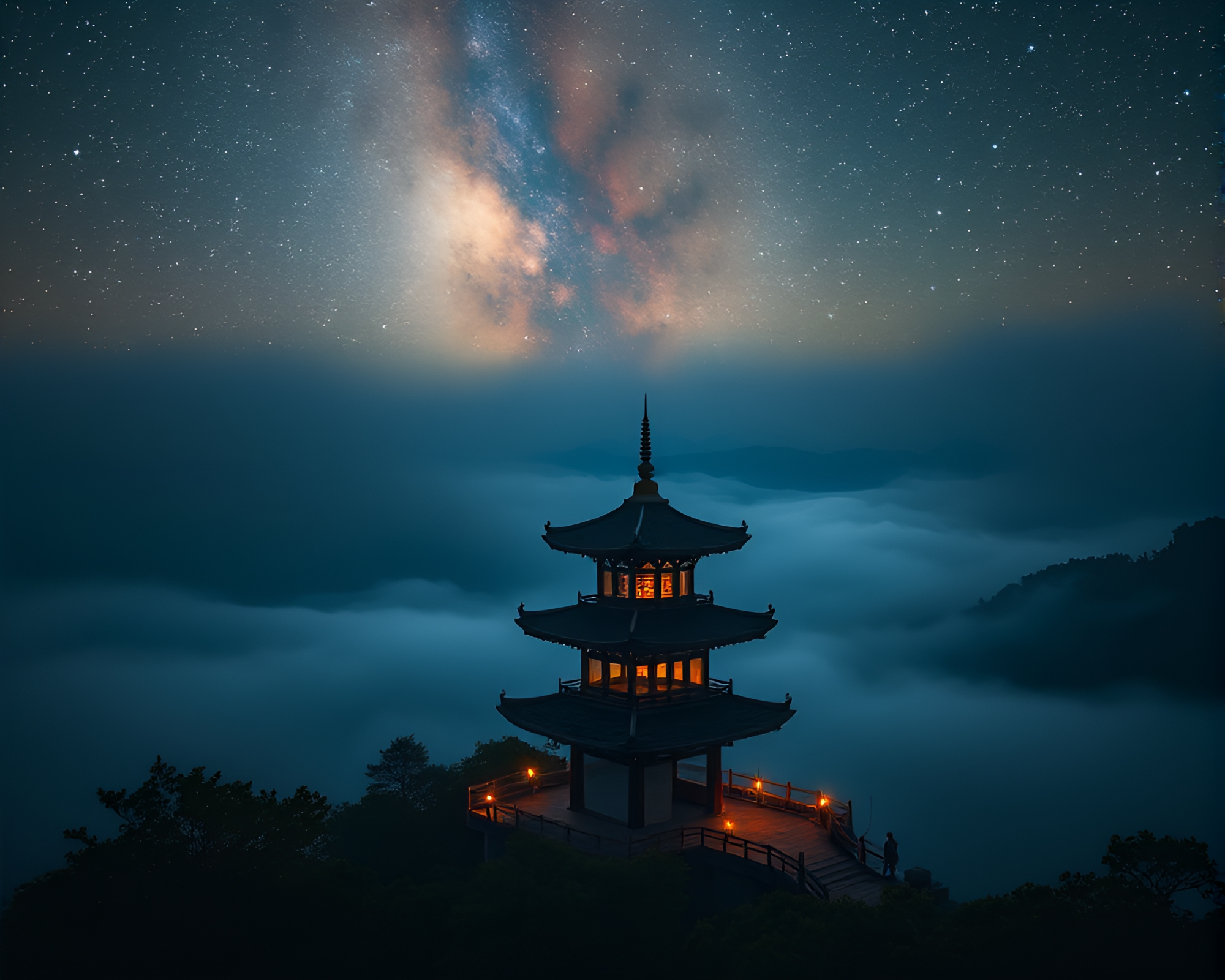 Enchanted Pagoda in Misty Candlelight and Starry Skies – free AI stock image