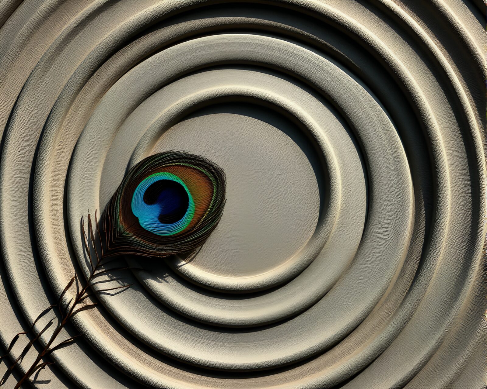 Colorful peacock feather surrounded by intricate circles and shadows