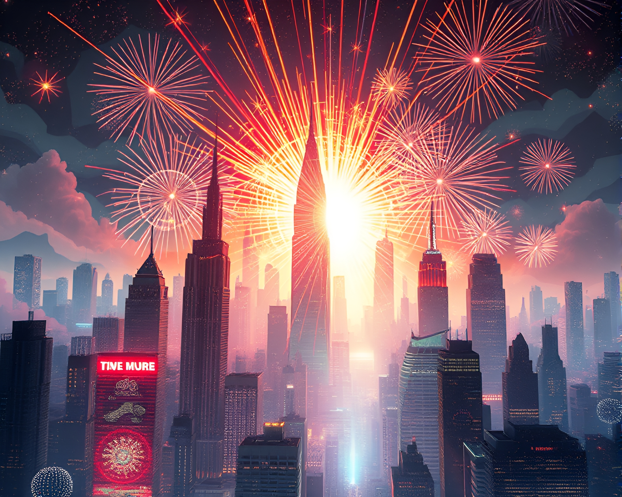 Futuristic Cityscape with Explosive God Rays – free AI stock image