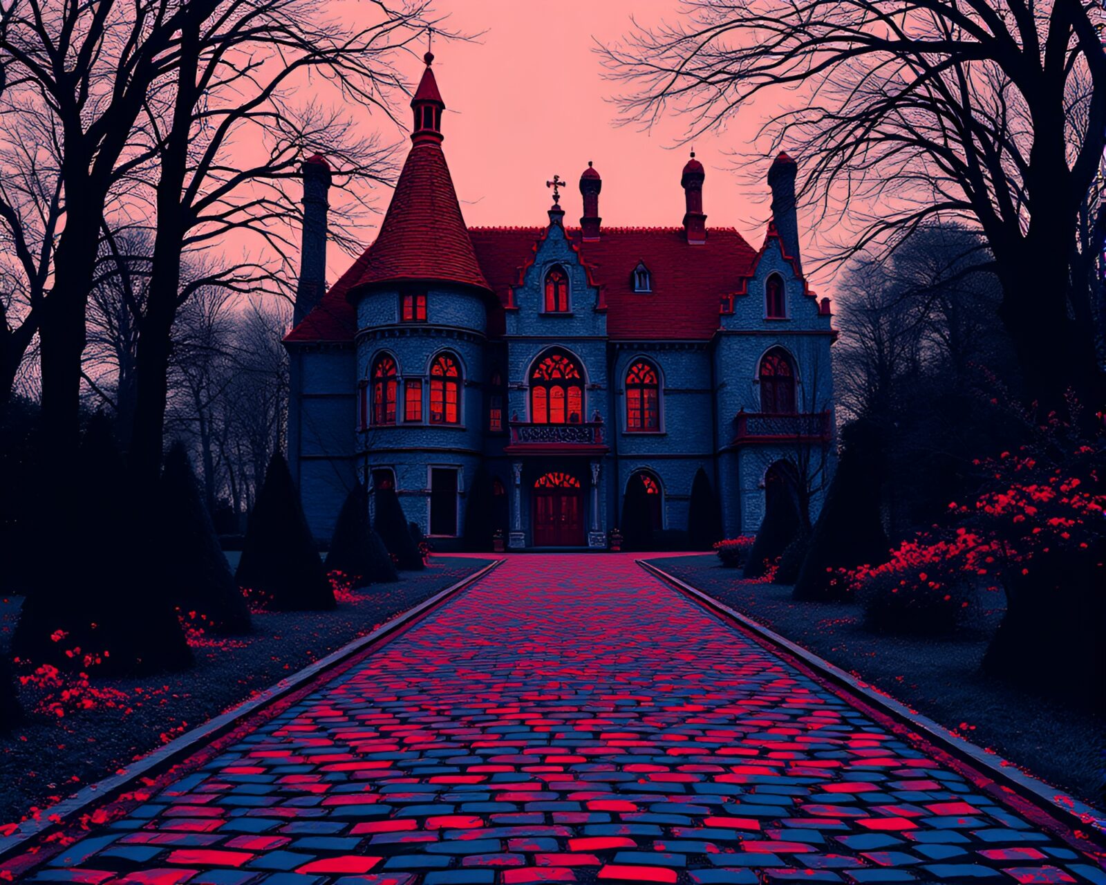 Graphic novel style image of eerie mansion on cobblestone path
