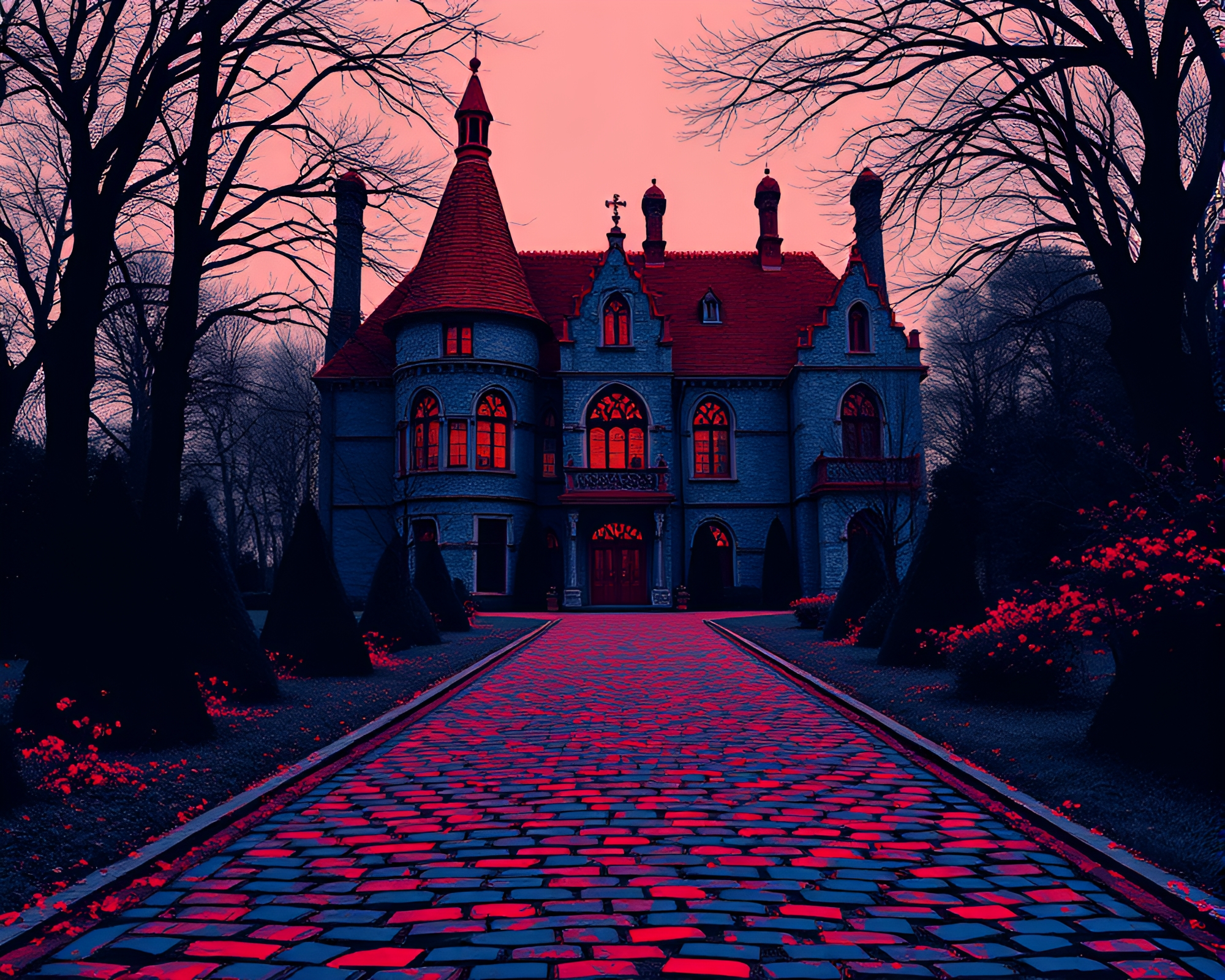 Neo-Gothic Mansion with Cobblestone Path – free AI stock image