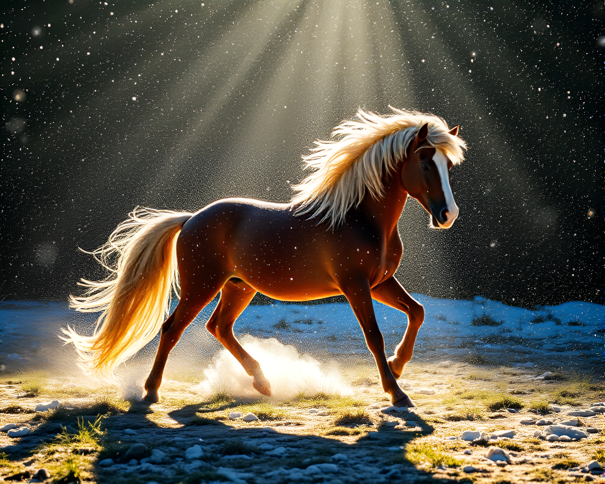 Majestic Wild Stallion Galloping Through Sunlit Snowflakes – free AI stock image