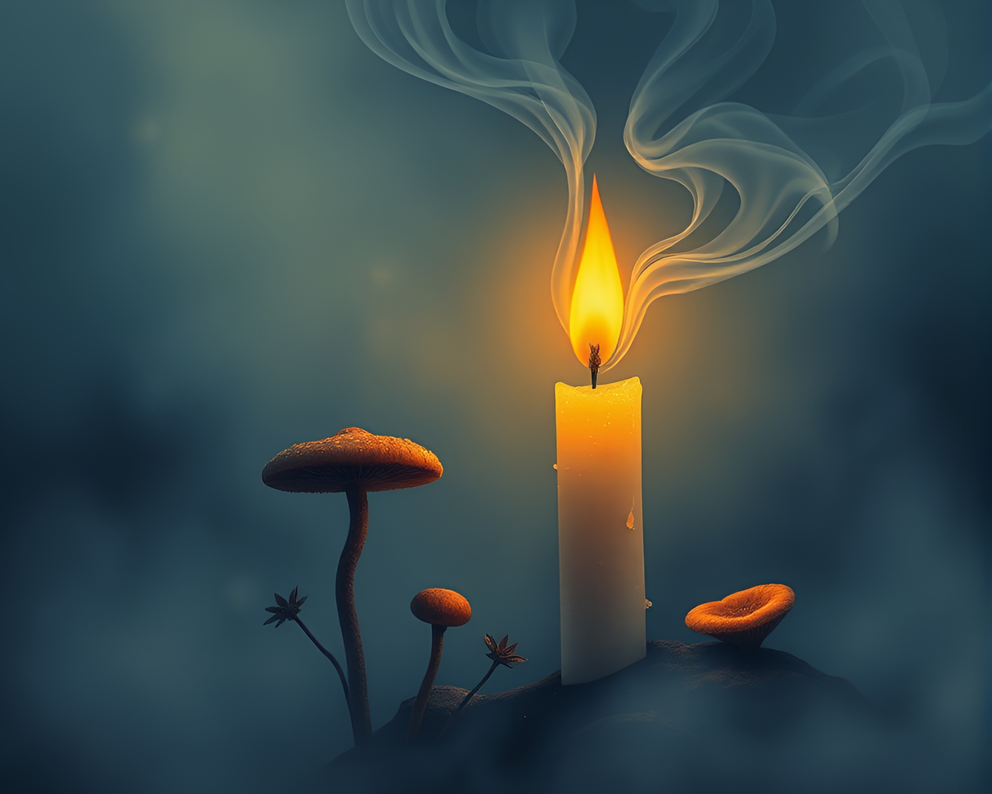 Bioluminescent Mushrooms in Candlelit Smoke – free AI stock image