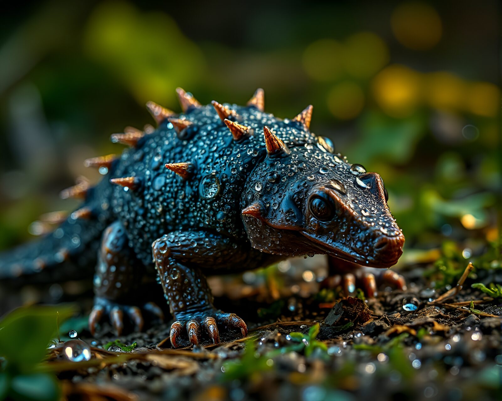 An armadillo covered in dew drops under vibrant mosaic lights