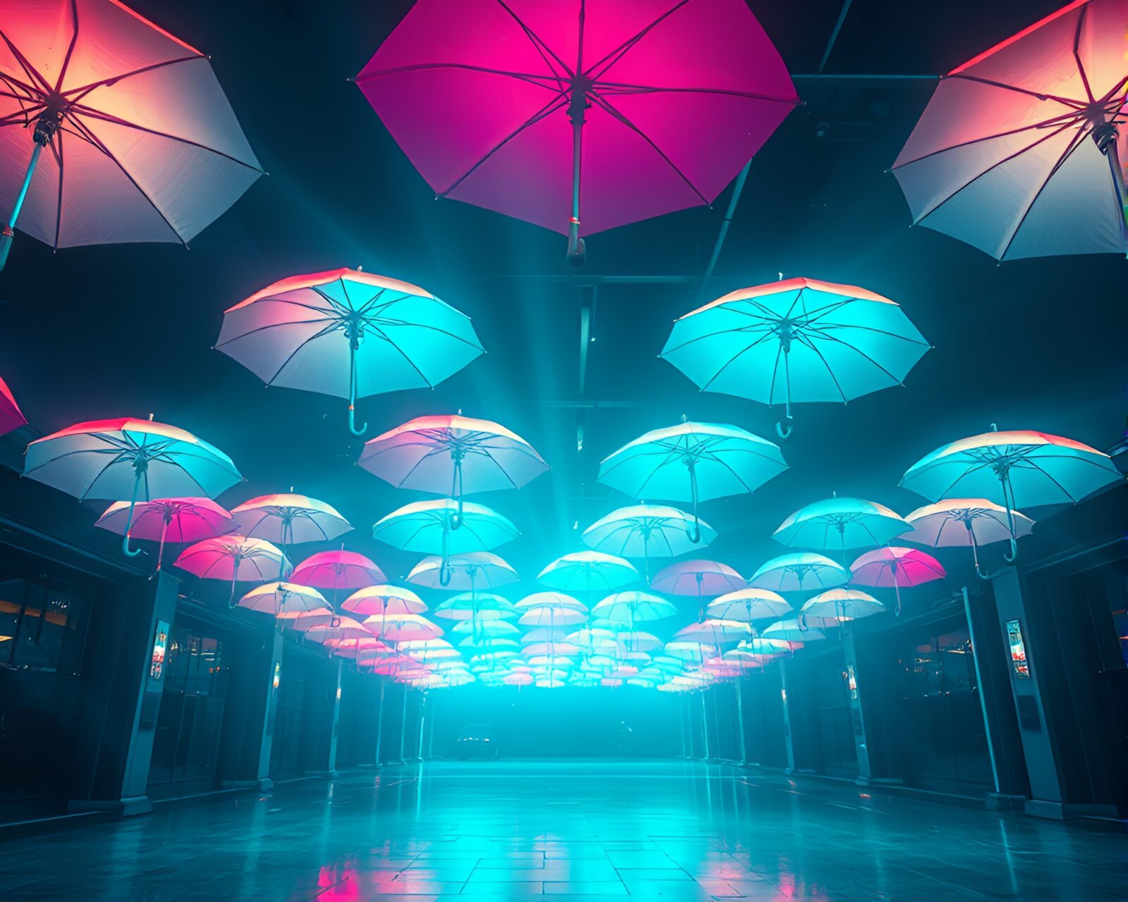 Abstract egg tempera painting of neon-lit umbrella with laser beams