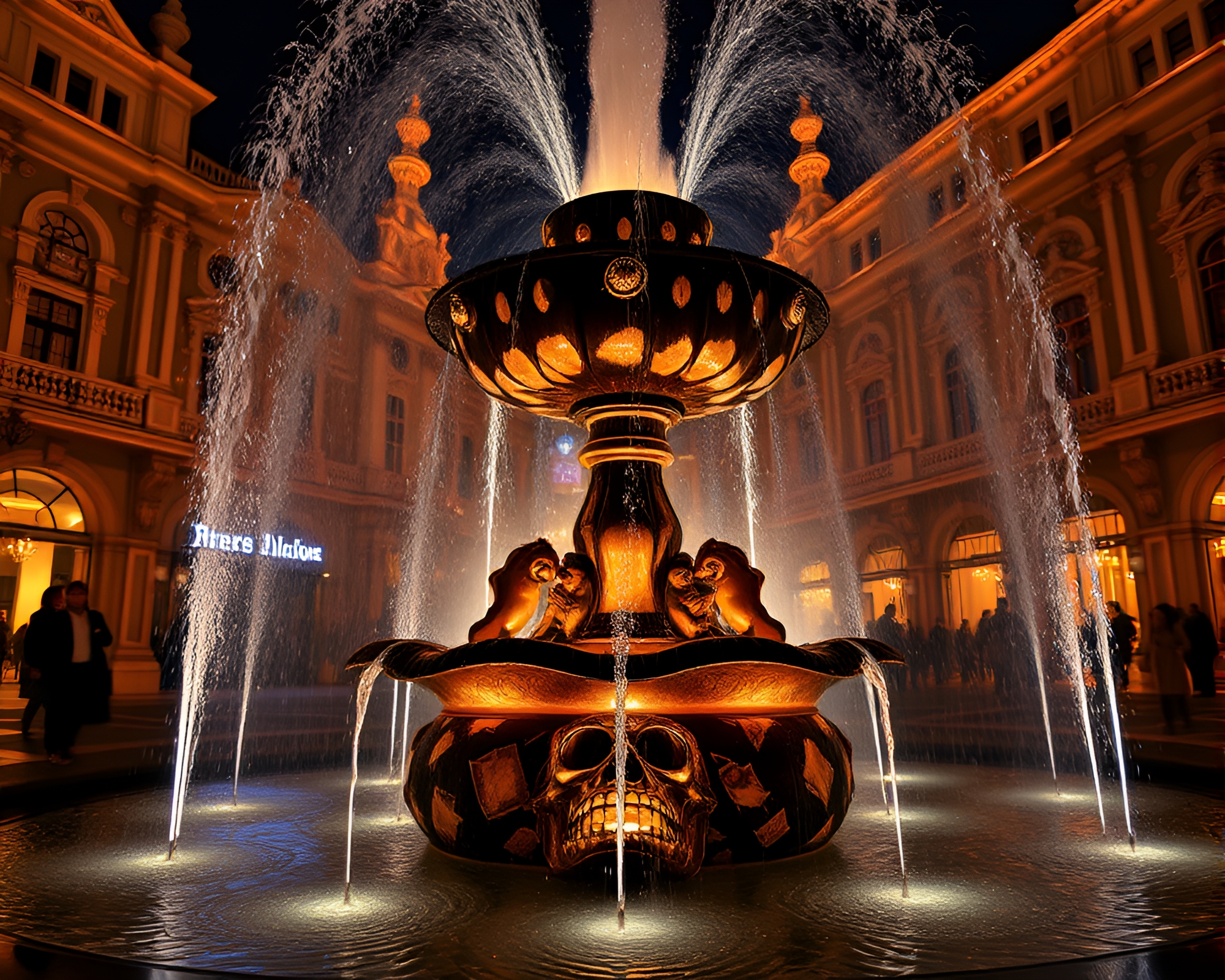 Chocolate Fountain Close-Up Illuminated by Opera House Glow – free AI stock image