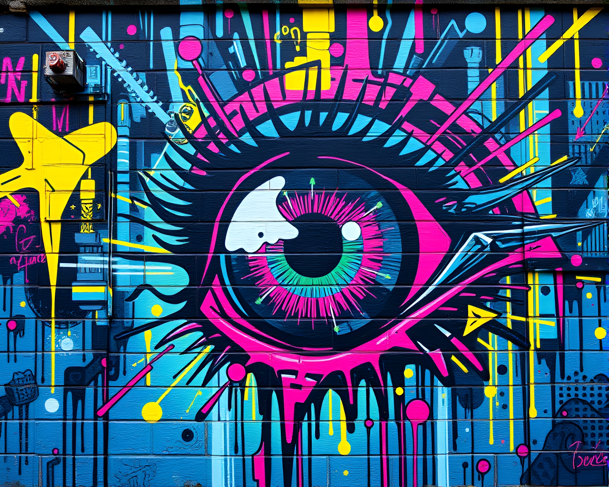 Fantasy Cybernetic Eye Mural Graffiti Illustration – free AI stock image