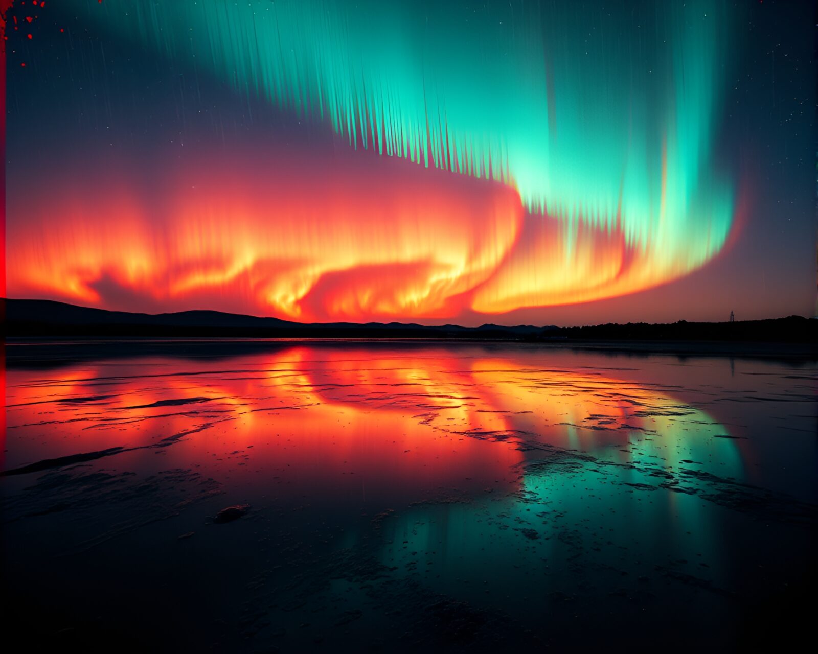 Silhouetted figures against colorful Northern Lights reflected in rain