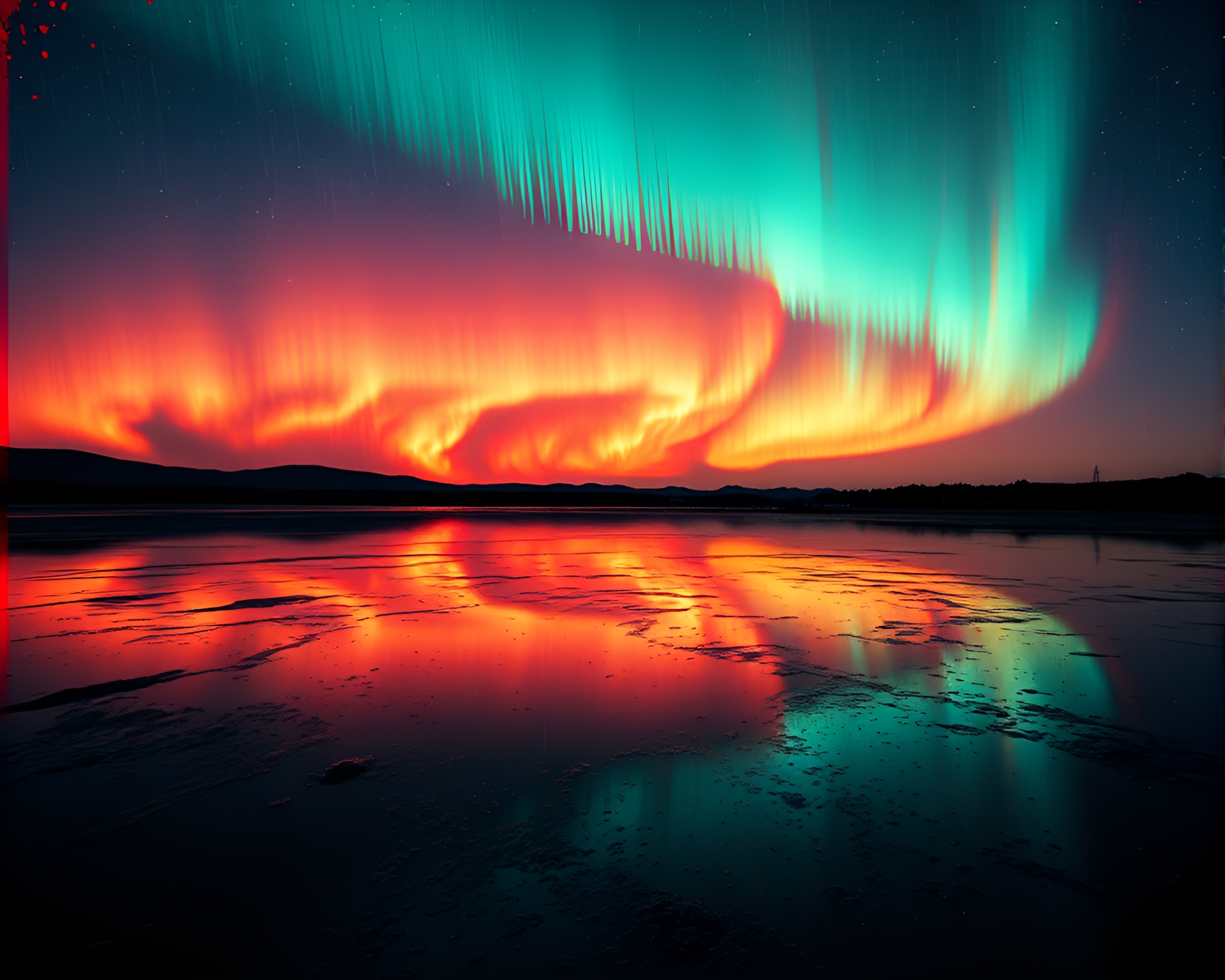 Aurora Borealis Rainy Reflections in Anaglyph 3D – free AI stock image