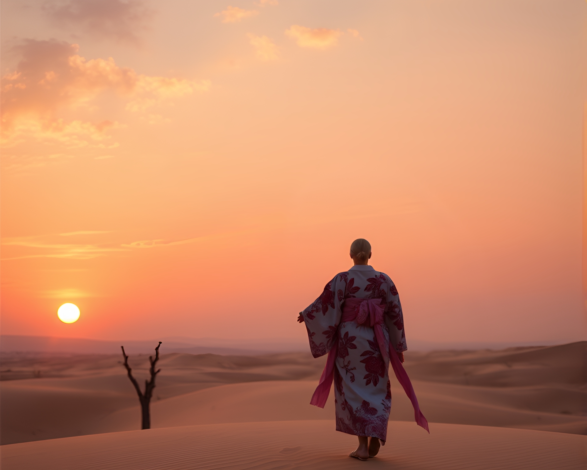Silk Kimono Beauty in Desert Sunset Utopia – free AI stock image