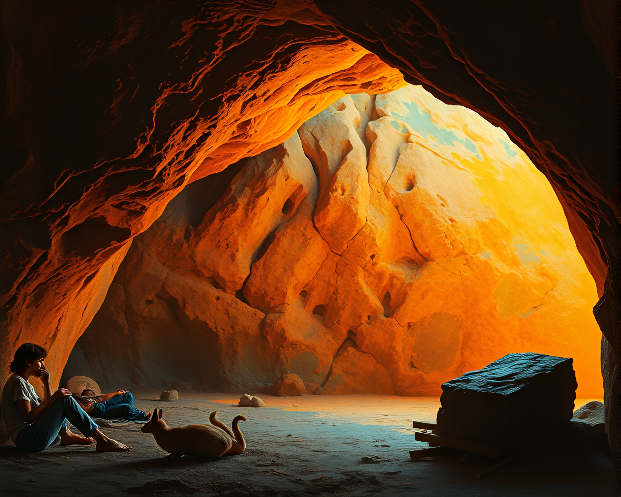 Ancient Cave Painting Illuminated in Retro Colors – free AI stock image