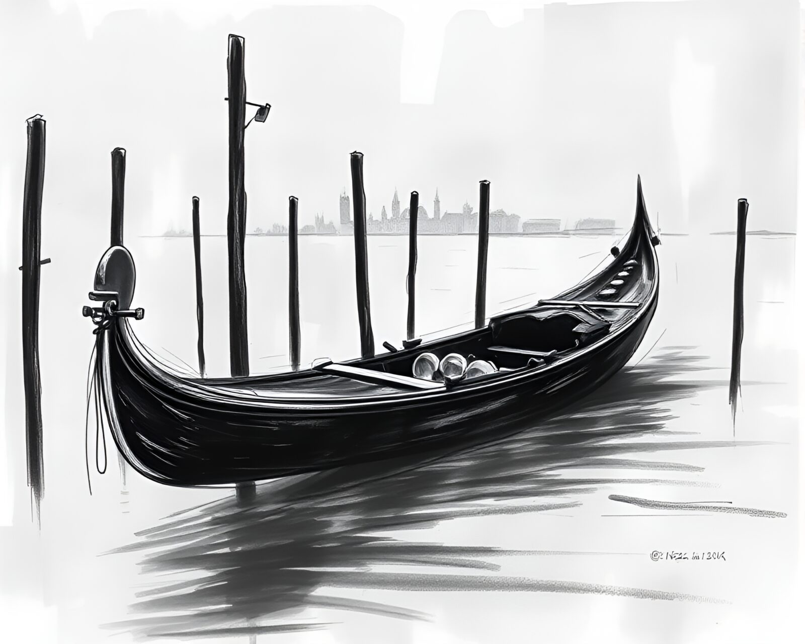 Twilight scene of Venetian gondola sketched in charcoal
