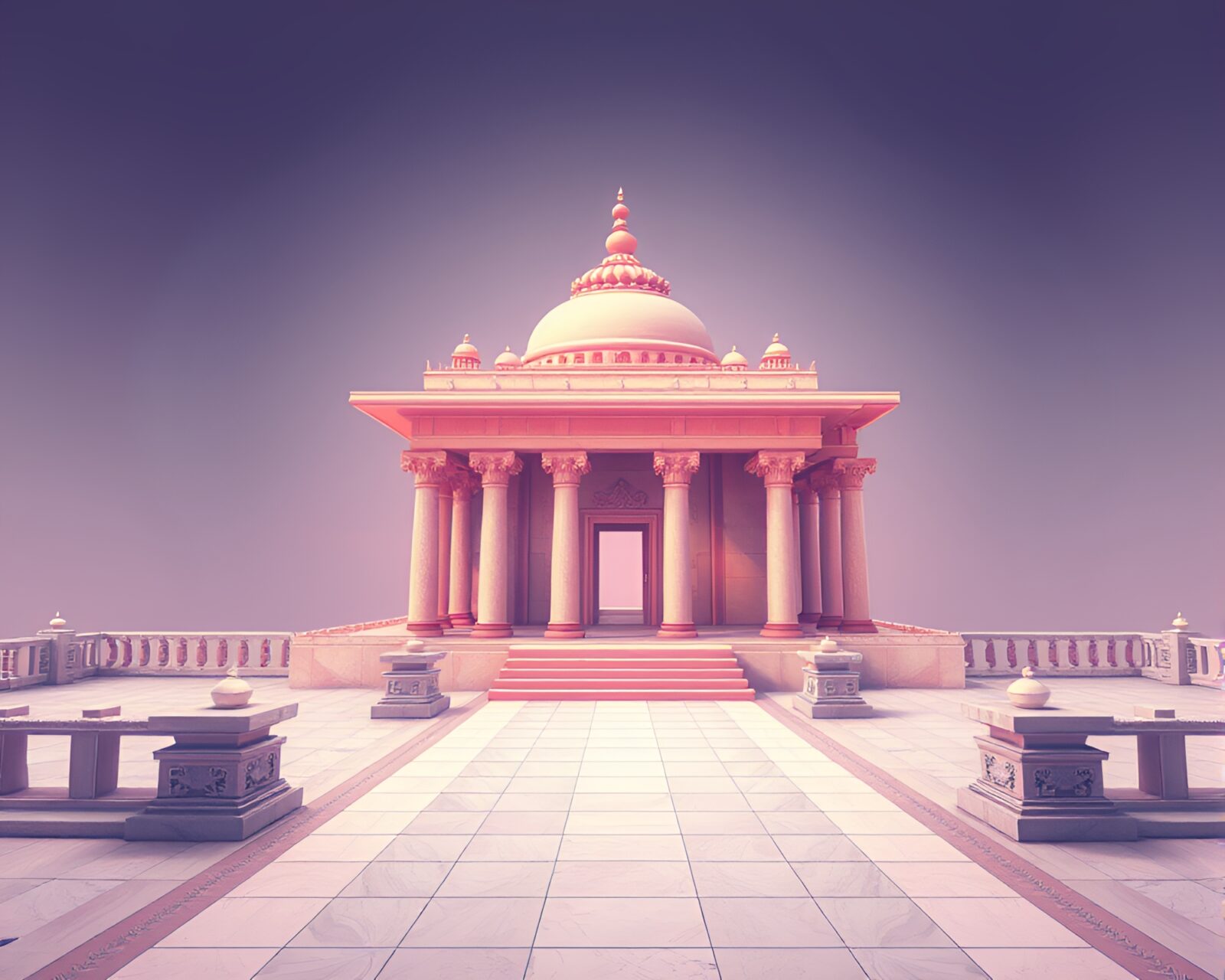 Wide-angle view of a serene temple with halftone patterns