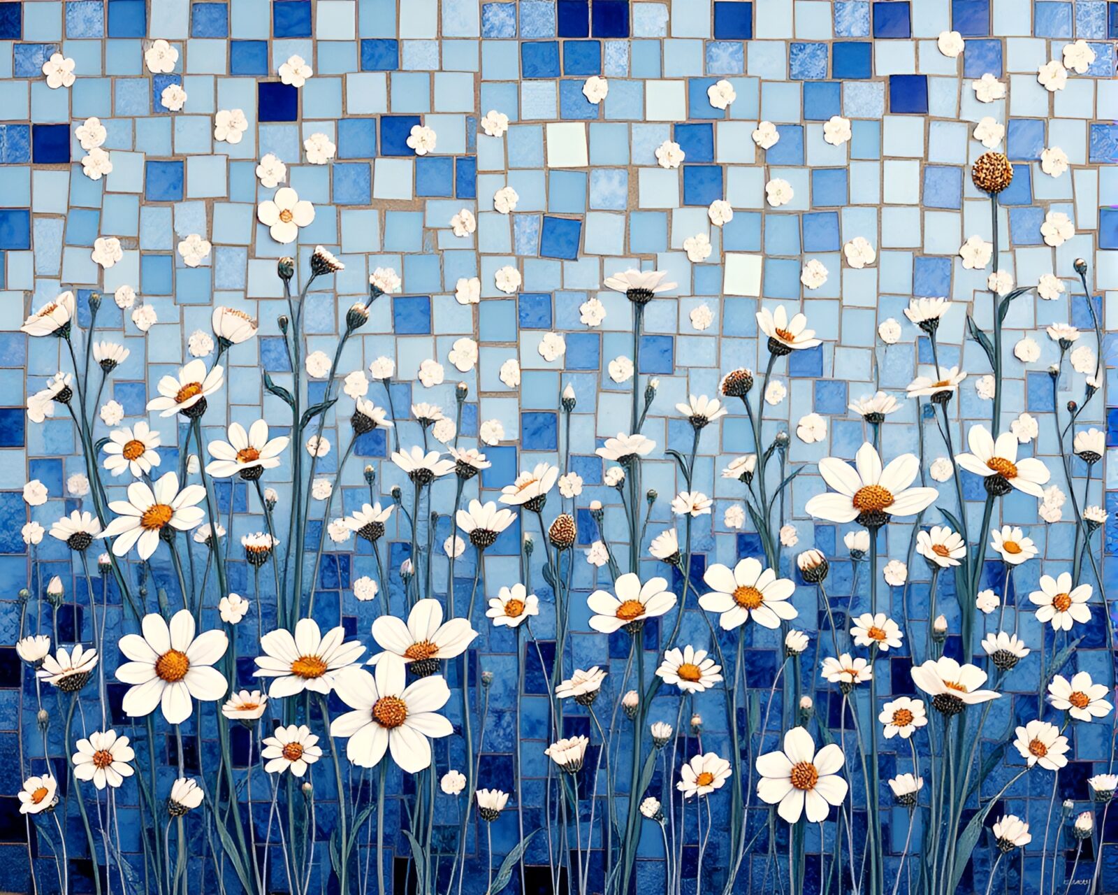 Monochrome blue tiled mosaic of a flowering meadow painting.