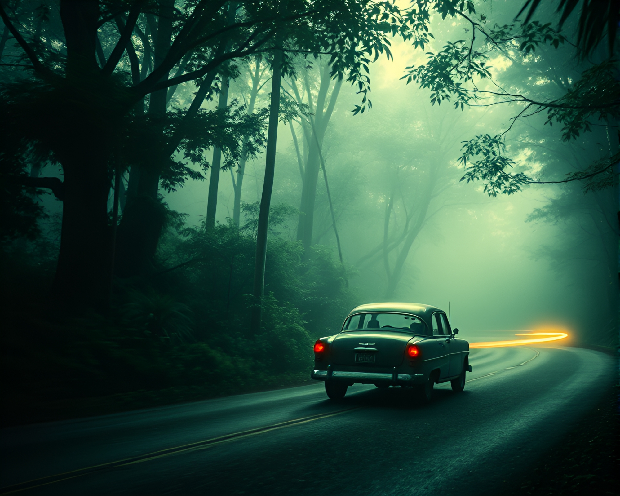 Vintage Car Light Trails in Rainforest Green Haze – free AI stock image