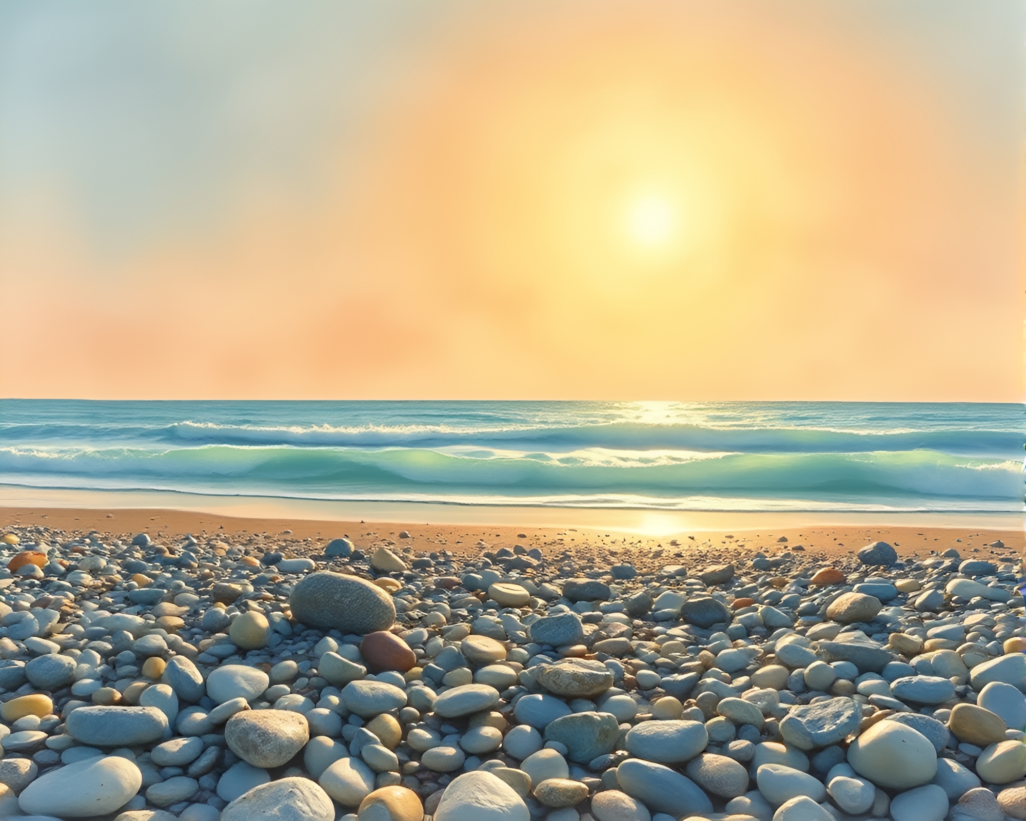 Lens Sunburst over Washed-Out Pebble Beach – free AI stock image