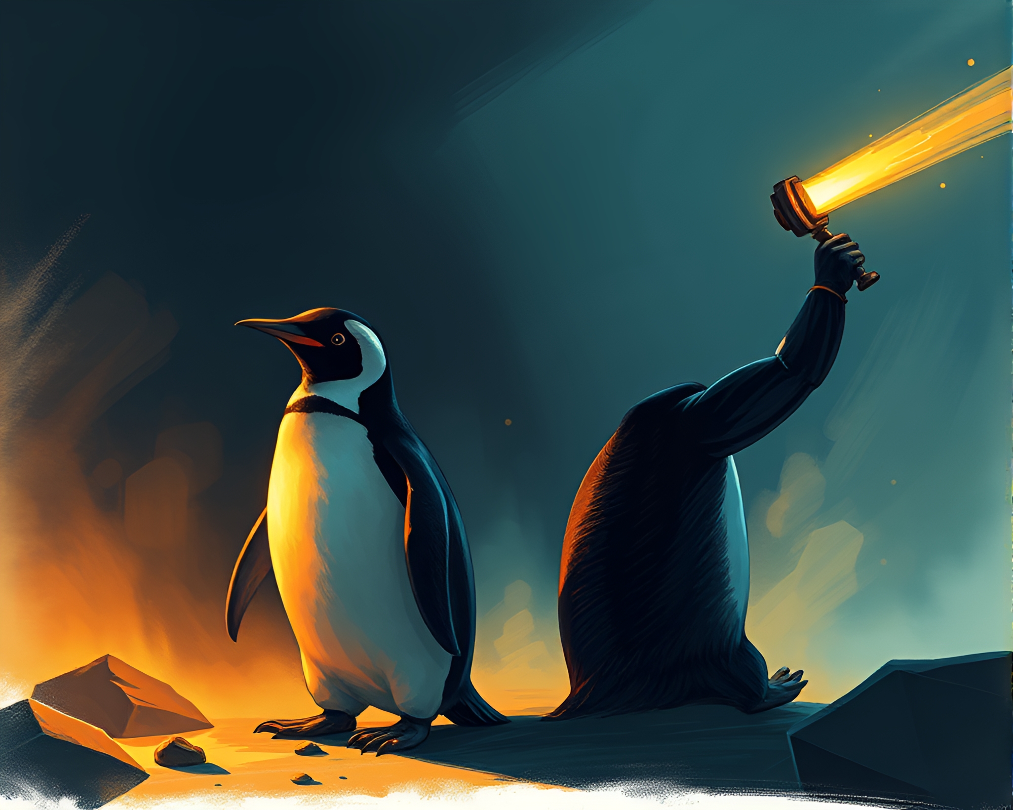 Futuristic Penguin in Dungeon Torchlight – free AI stock image