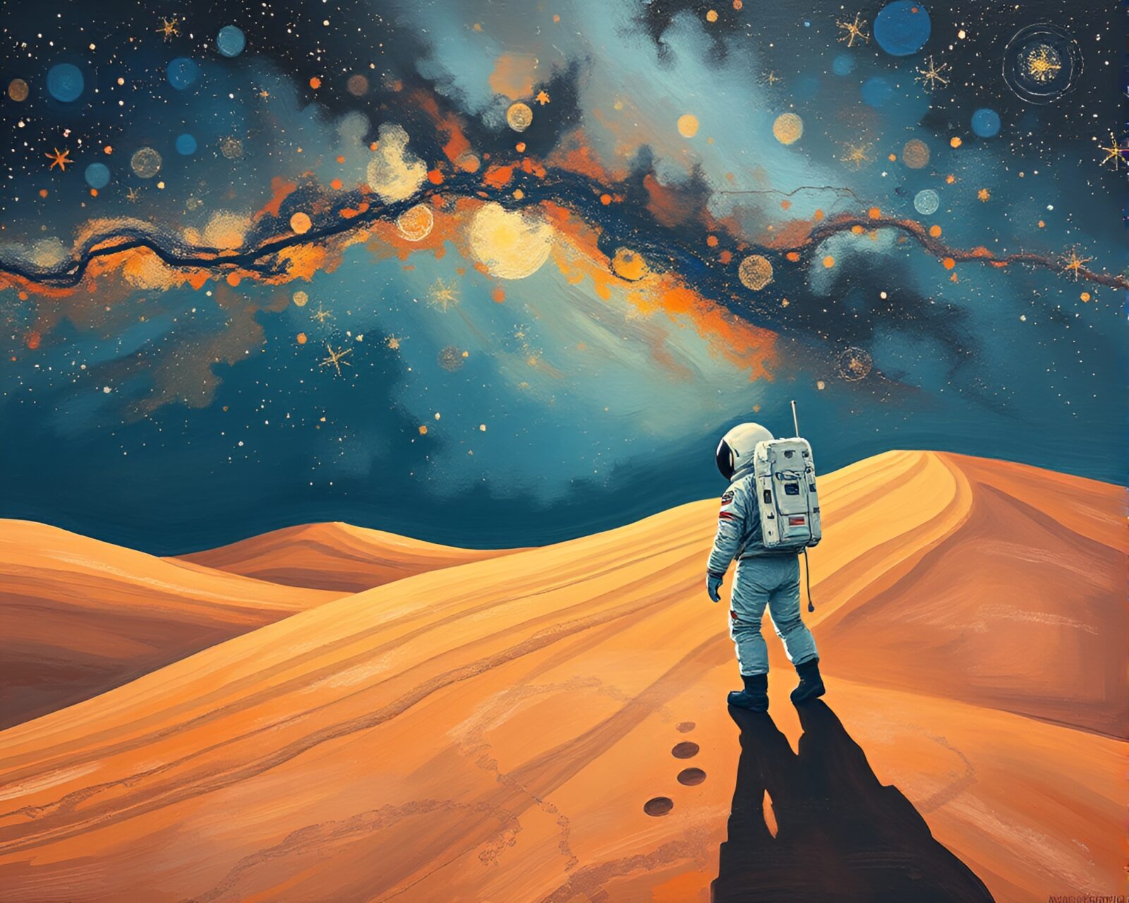 Acrylic painting of astronaut under star trails in desert hues