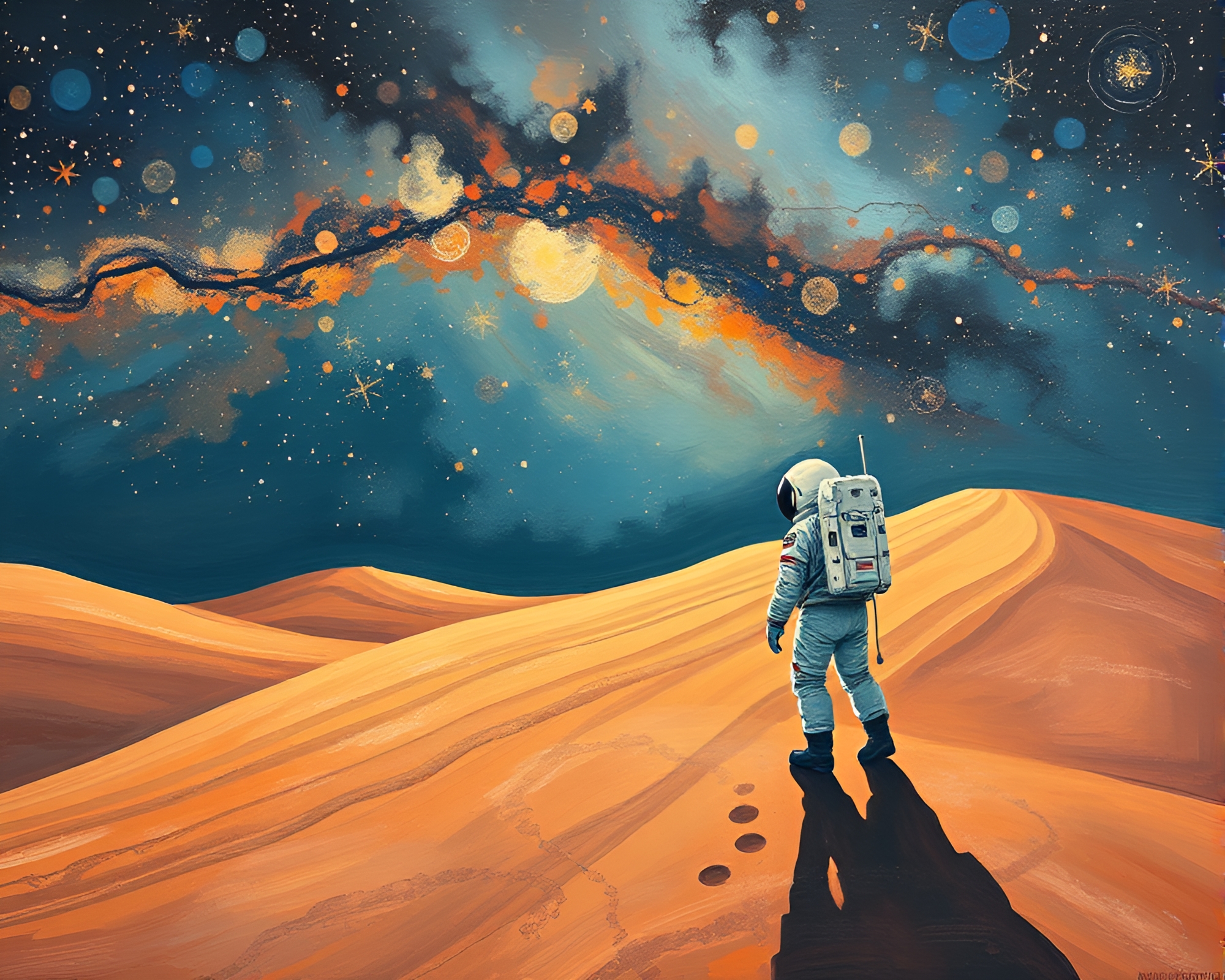 Cosmic Odyssey: Astronaut Amidst Desert Star Trails – free AI stock image