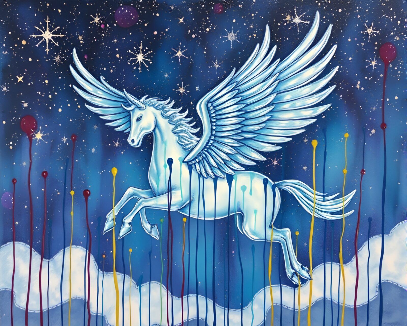 Majestic Pegasus surrounded by dripping paint on encaustic canvas