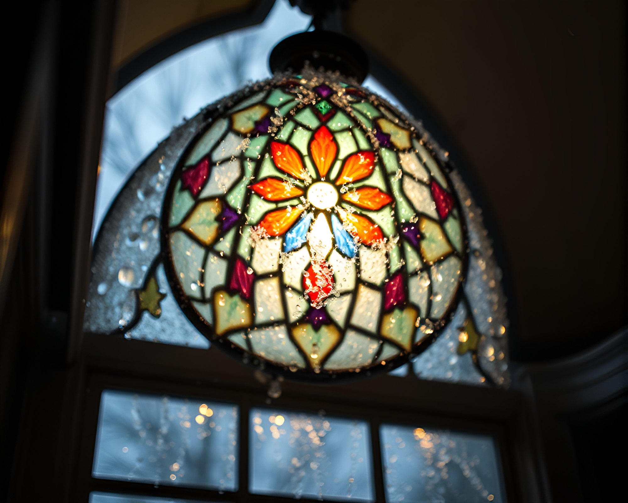 Ice Crystal Stained Glass Dome Illuminated by Porchlight – free AI stock image