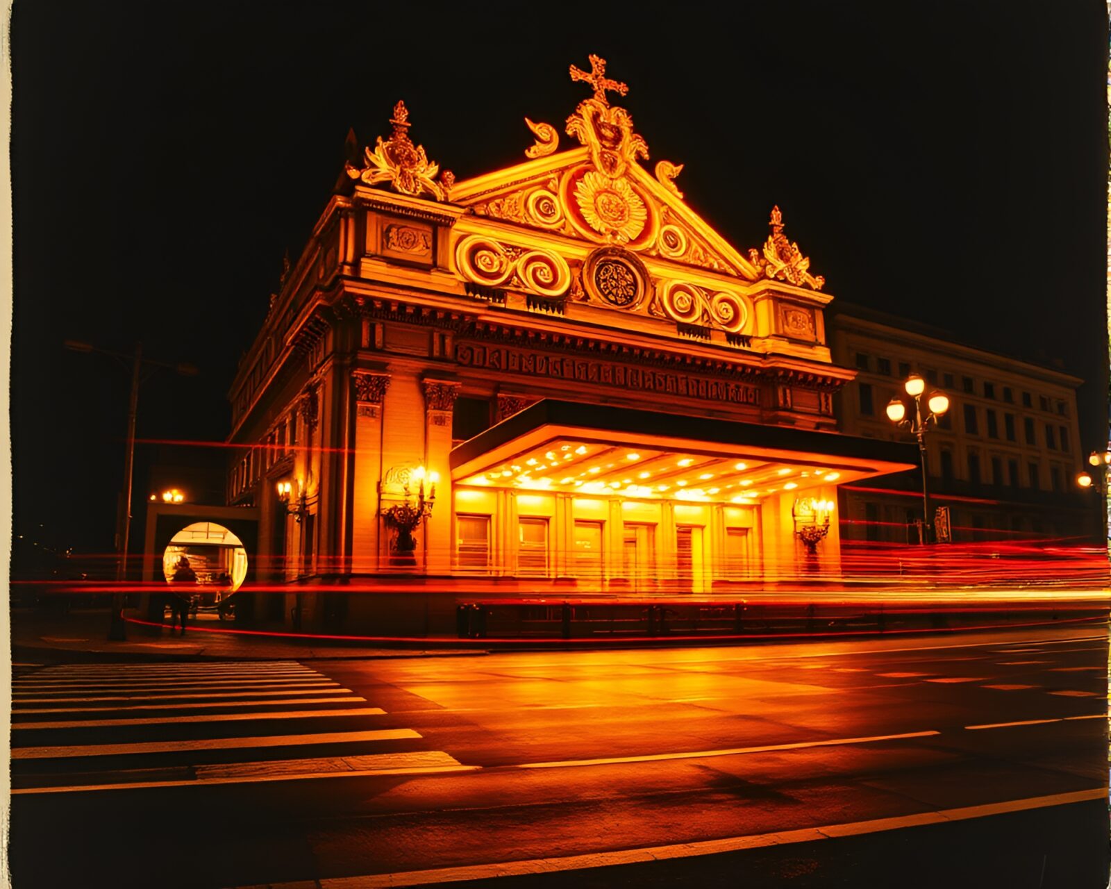 Elegant croissant dancers in a glowing opera house lithograph