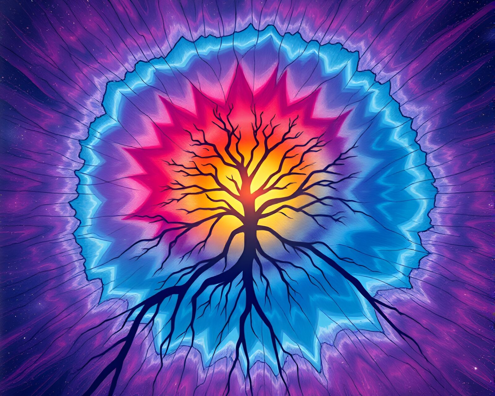 Vibrant cosmic rainbow over glacier with intricate tree patterns
