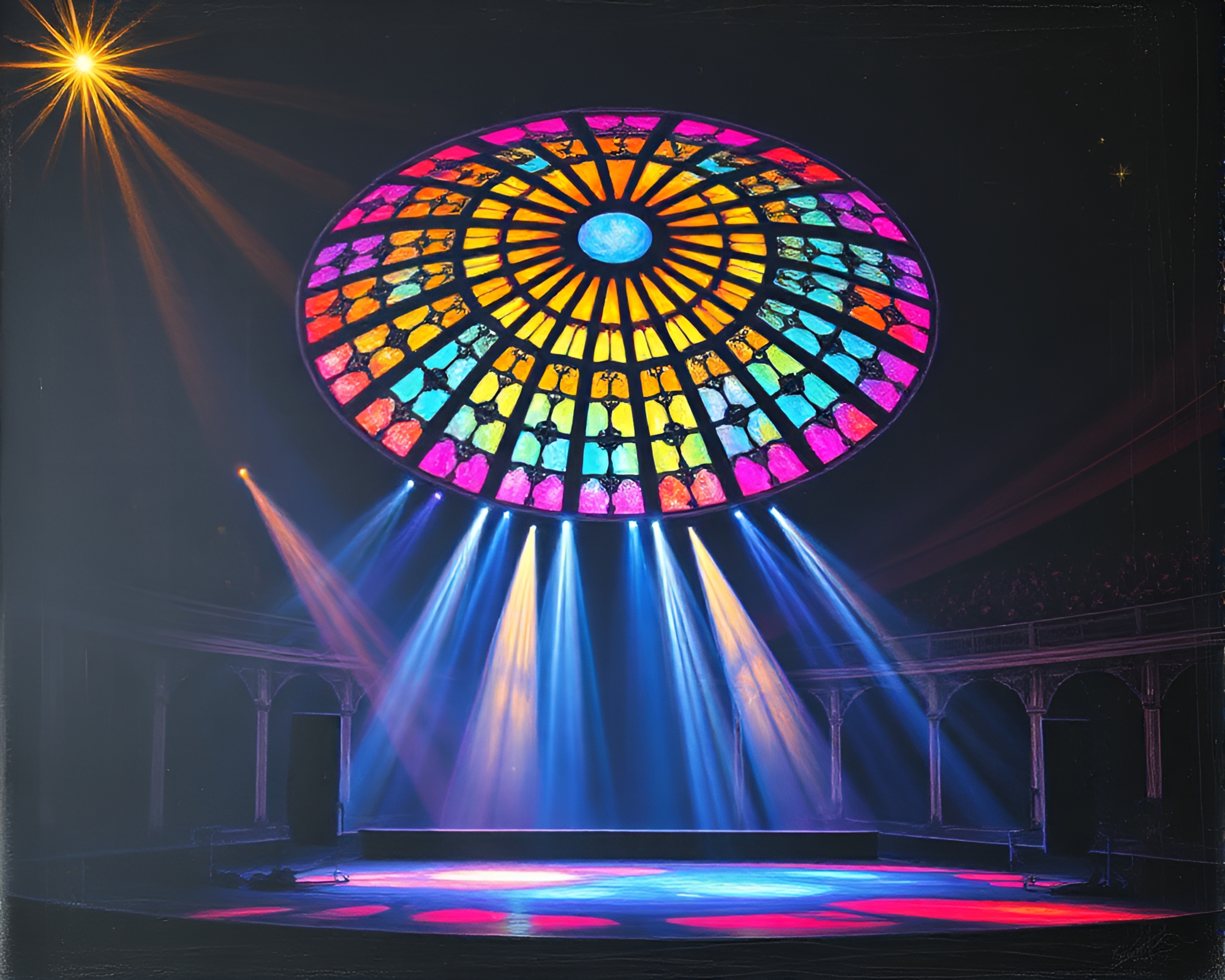 Vibrant Stained Glass Dome Illuminated by Neon Lights – free AI stock image