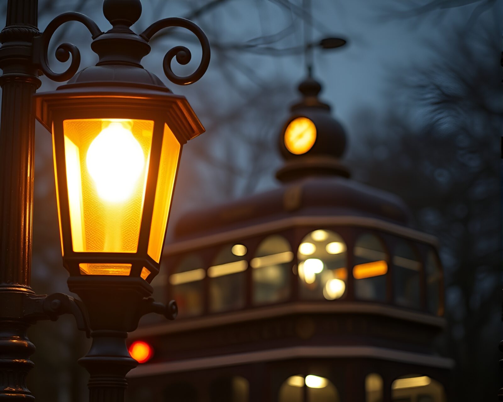 Ethereal street scene featuring vintage stagecoach lit by lamplight