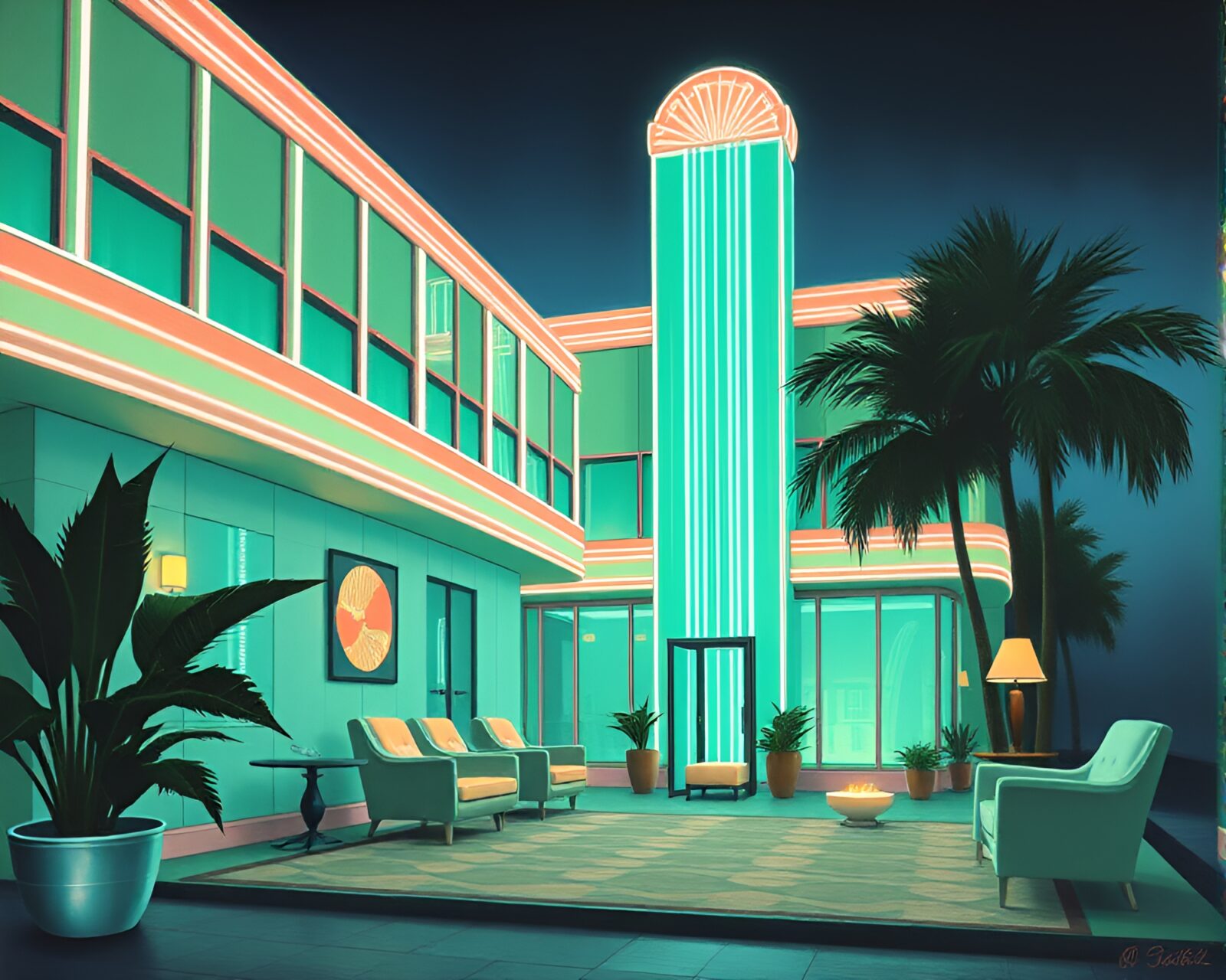 Tempera painting of a retro art deco hotel in mint green with scan lines