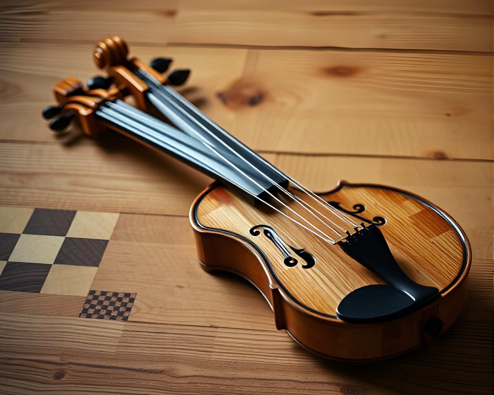 Warm off-white lighting on wooden violin with checkered pattern