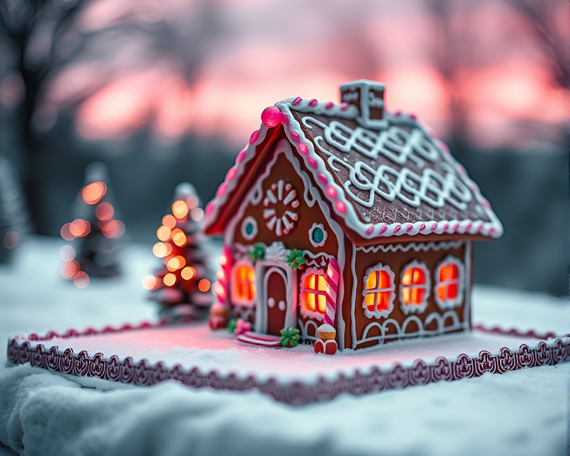 Sunrise Pink Glow Monochrome Gingerbread House Focus Stacking – free AI stock image
