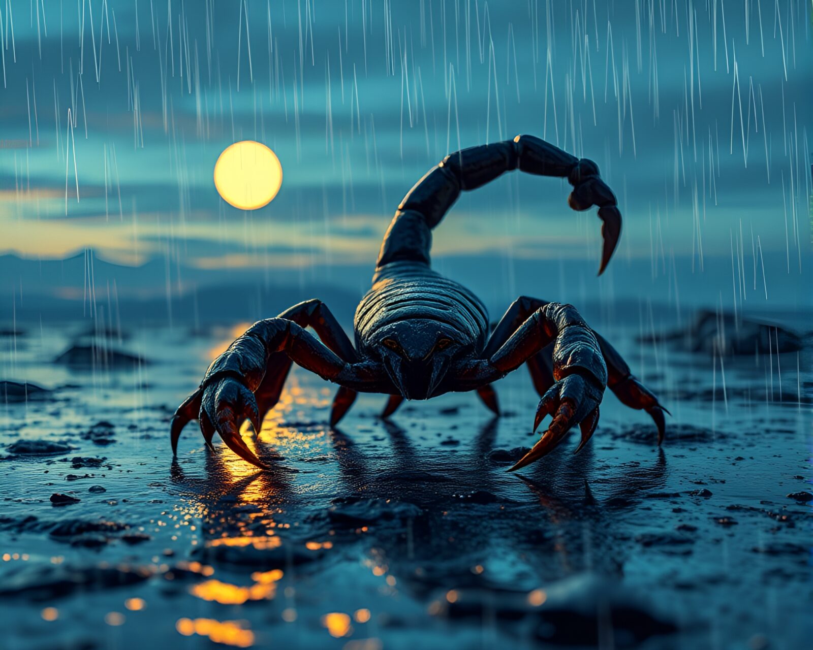 Vector art of a scorpion queen on wet pavement at polar twilight