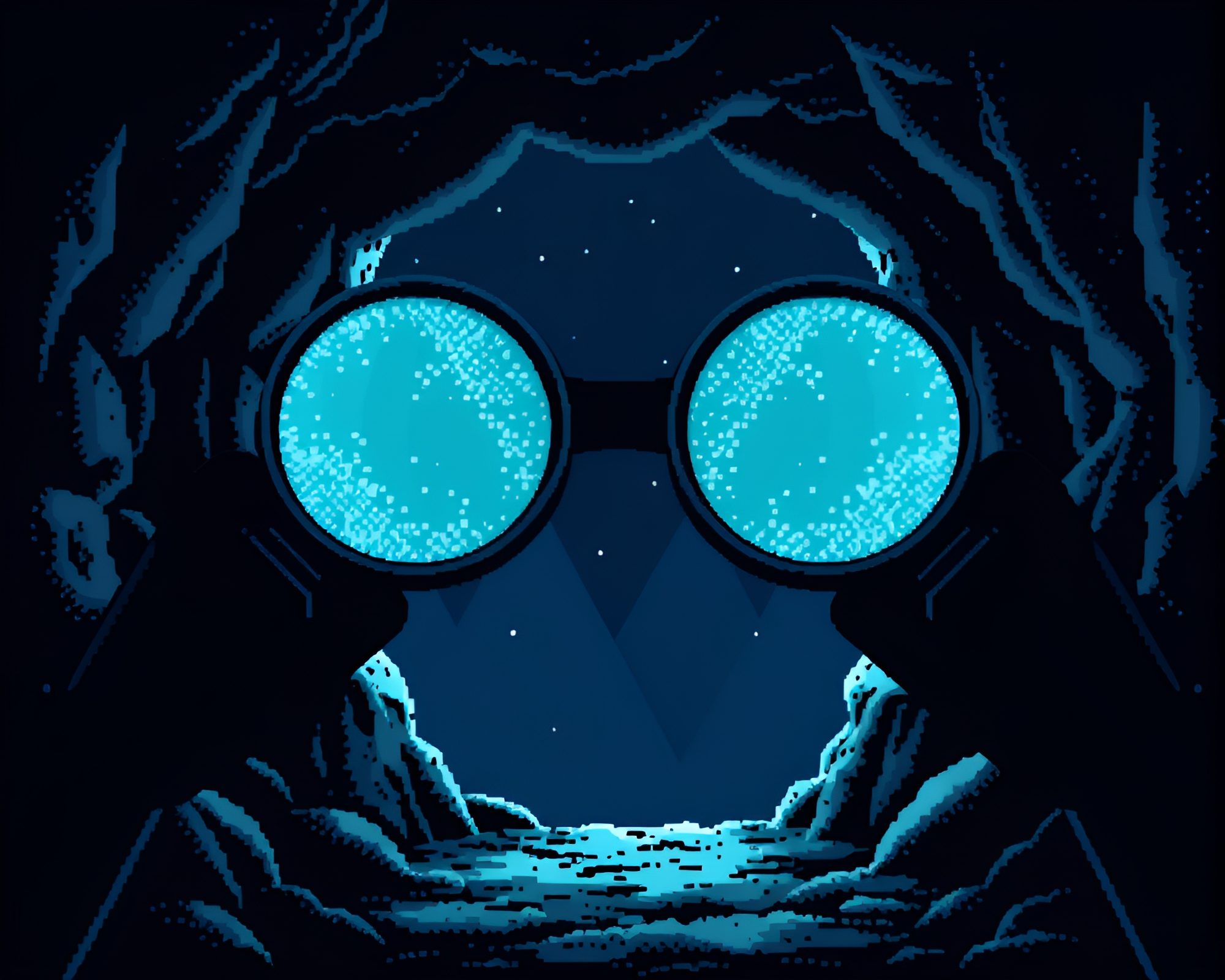 Stippled Binoculars at Dark Cave Entrance – free AI stock image