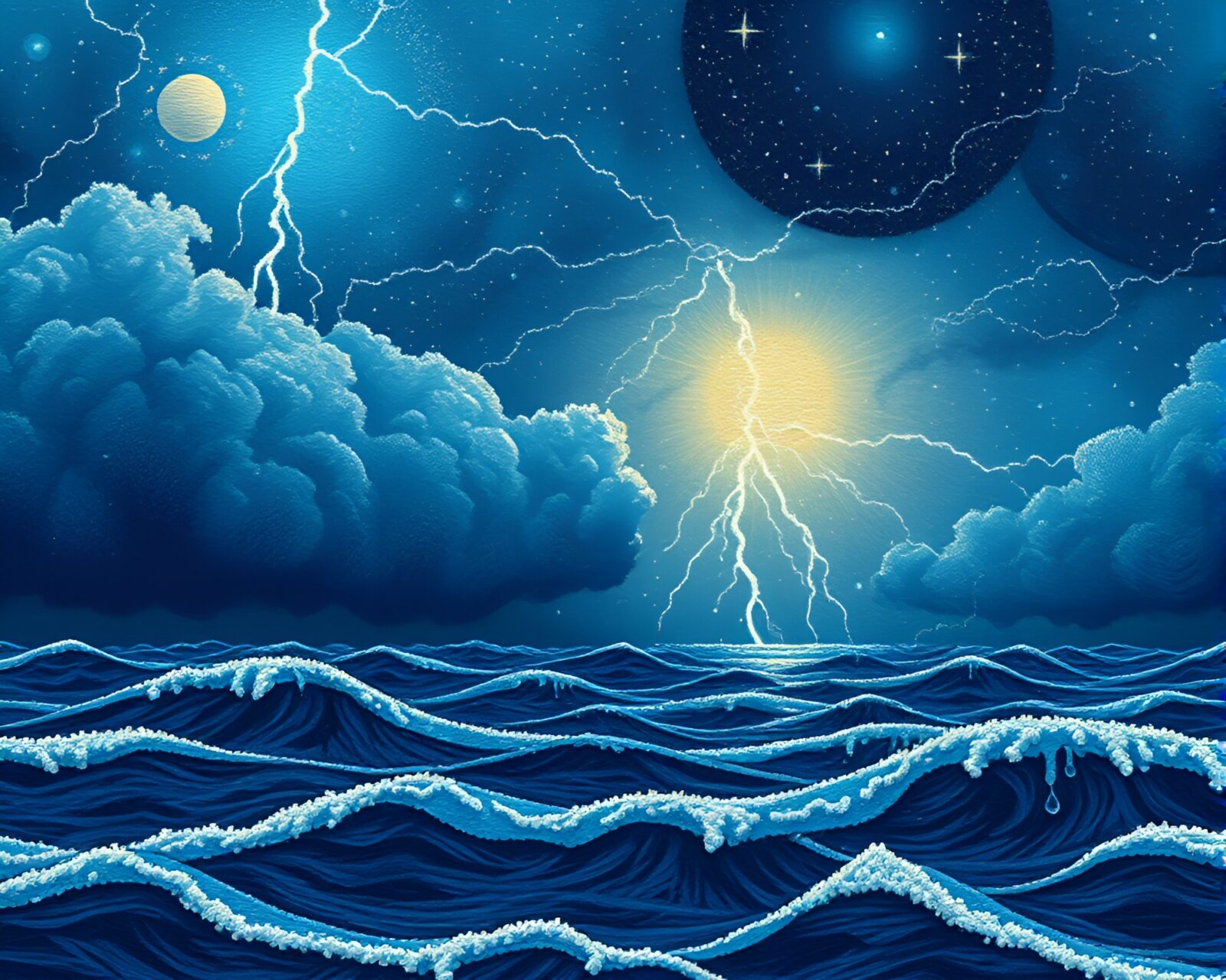 Ocean engulfed by storm with celestial embroidered details in pixels